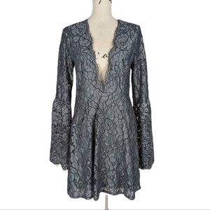 Tobi Lace Plunging Neckline Dress Gray Size Large